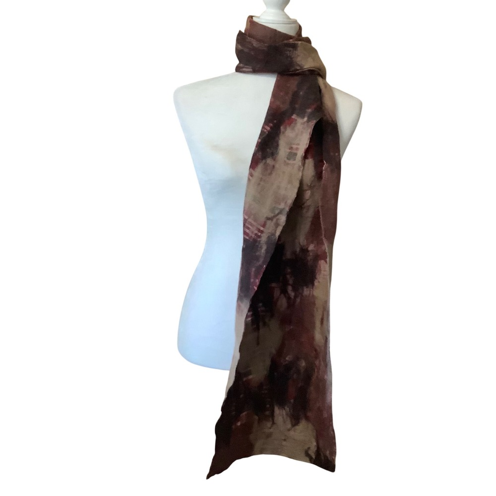 Abstract Boho Felted Wool Scarf Burgundy Brown Cream Artisanal‎ Long Wrap 75x12